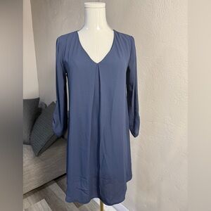 Lush Blue Shift Dress V-Neck Long Sleeve Roll Tab Lined XS